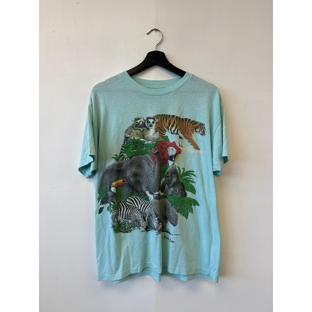 VTG Zoo‎ Animal Graphic Shirt Mens Large Mint Green Safari Wildlife Tee Tropical
